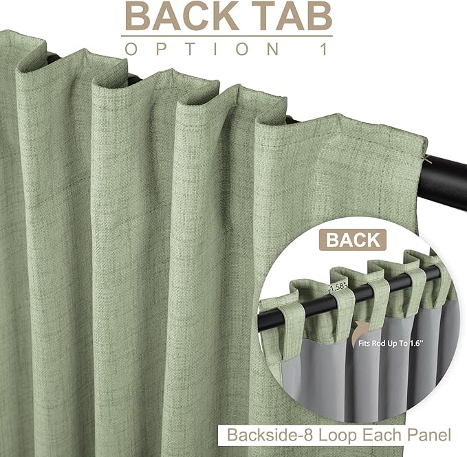 100% Blackout Shield Linen Blackout Curtains for Bedroom 90 Inches Long, Back Tab/Rod Pocket Living Room Drapes, Thermal Insulated Blackout Curtains 1 Panel Set, 100" W x 90" L, Sage
