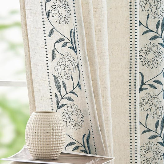 jinchan Winslow Linen Curtains for Bedroom 108 Inches Length Embroidered Bordered Floral Curtains for Living Room Farmhouse Decor Light Filtering Window Treatments Blue on Beige Drapes 2 Panels