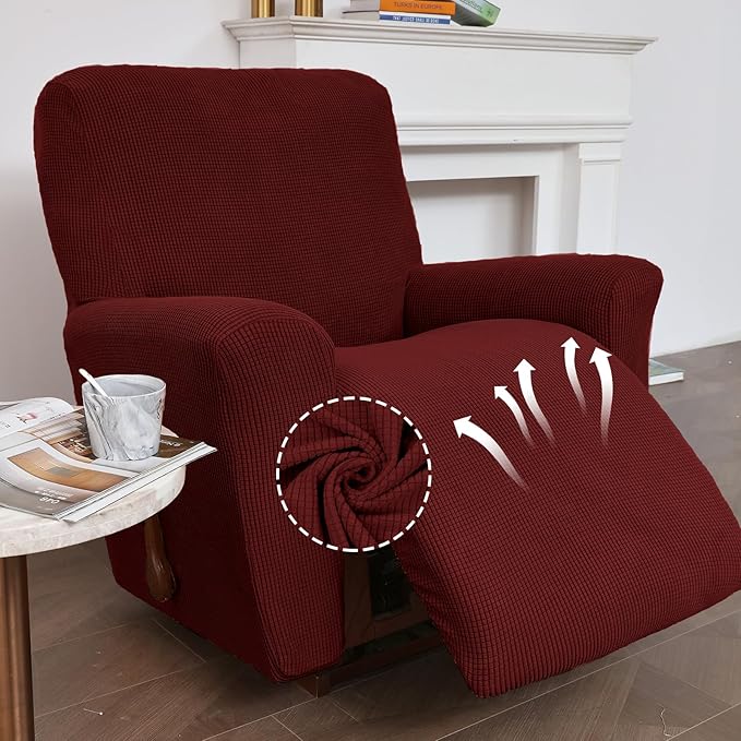 KEKUOU Recliner Chair Covers Lazy Boy Recliner Covers Stretch Couch Cover Slipcovers 1 Piece Furniture Protector with Elastic Bottom (Recliner, Dark Red)