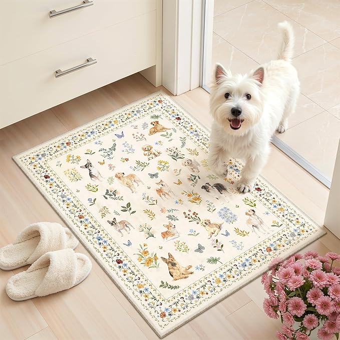 Soalmost 2x3 Dog Rugs for Entryway, Machine Washable Door Mat Animal Floral Small Area Rug Non-Slip Low Pile Soft Throw Rugs for Entrance Kitchen Indoor Front Door Kids Room (2 x 3,Beige)