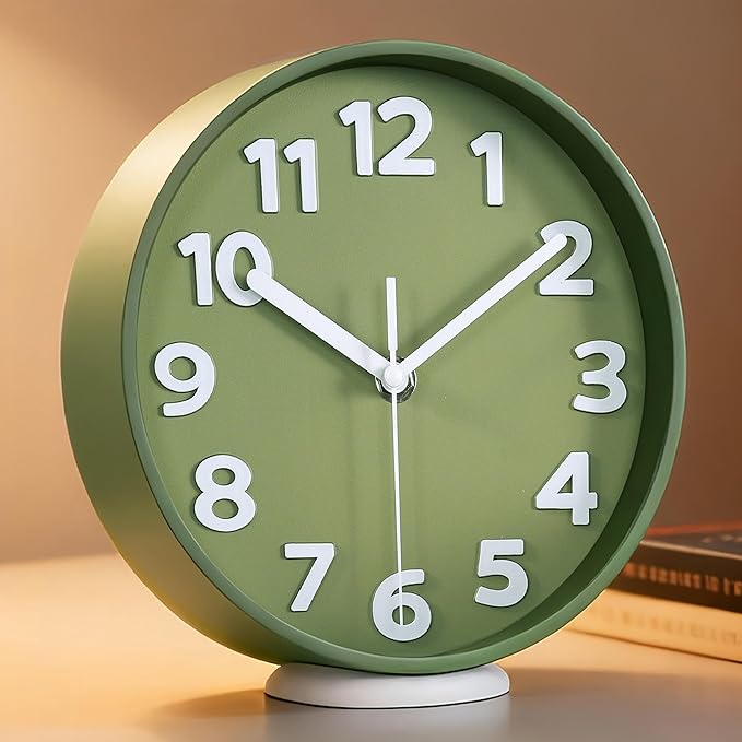 45MinST 8-Inch Green Modern Wall Clock ?€? Silent Non-Ticking, 3D Large Numbers, Accurate Timekeeping | Decorative Wall & Desk Clock with Stand for Living Room, Bedroom, Kitchen, or Office
