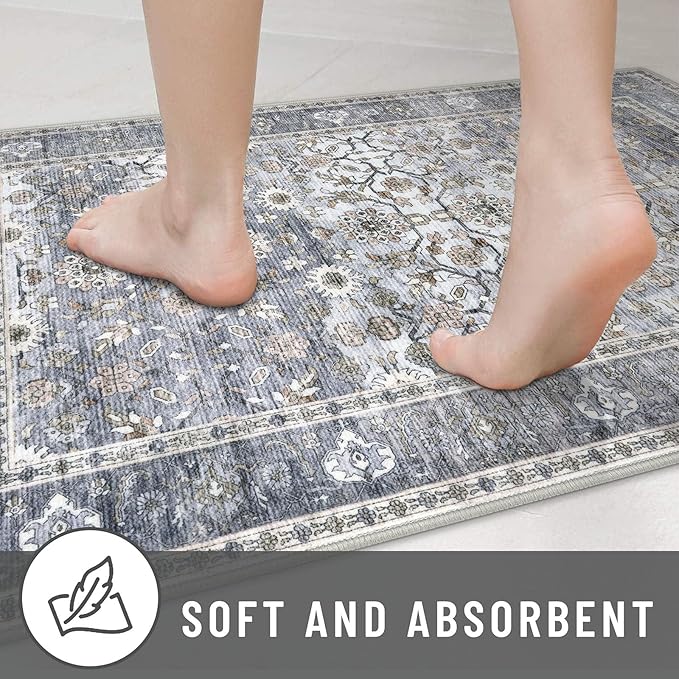 KUTA Vintage 2x3 Entryway Rug, Washable Kitchen Rugs & Ultra Thin Soft Throw Rug, Non-Slip Floral Distressed Print Grey Blue, Perfect for Front Door, Bedside, or Small Spaces