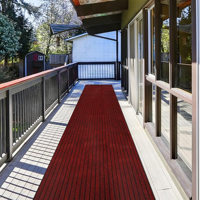 Runner Rug 2 ft x 70 ft Indoor/Outdoor Low Profile, Hallway, Kitchen, Patio, Deck Area, RV, Entryway, Garage, with Non-Slip Rubber Backing, Red with Black Stripe, Custom
