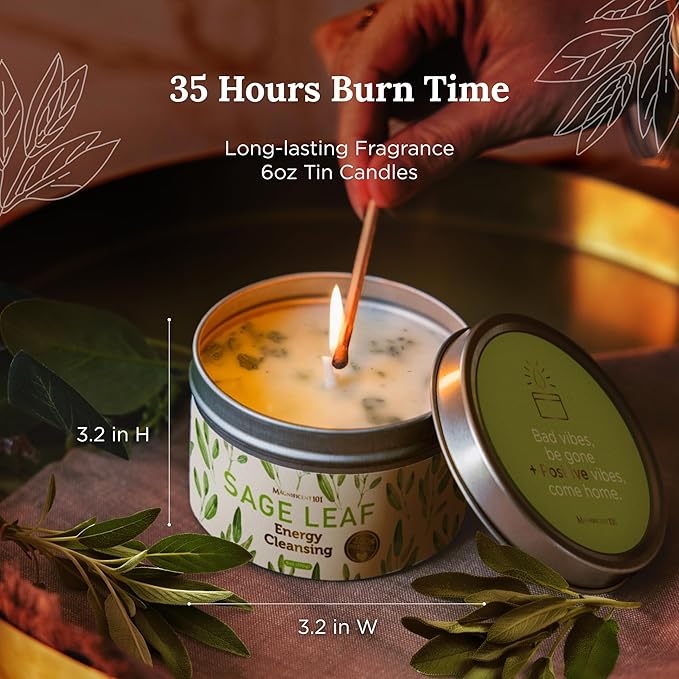 Magnificent 101 Long Lasting Pure White Sage Leaf Scented Smudge Candle | 6 Oz - 35 Hour Burn | Paraffin Free Soy Candle for House Energy Cleansing, Purification & Manifestation