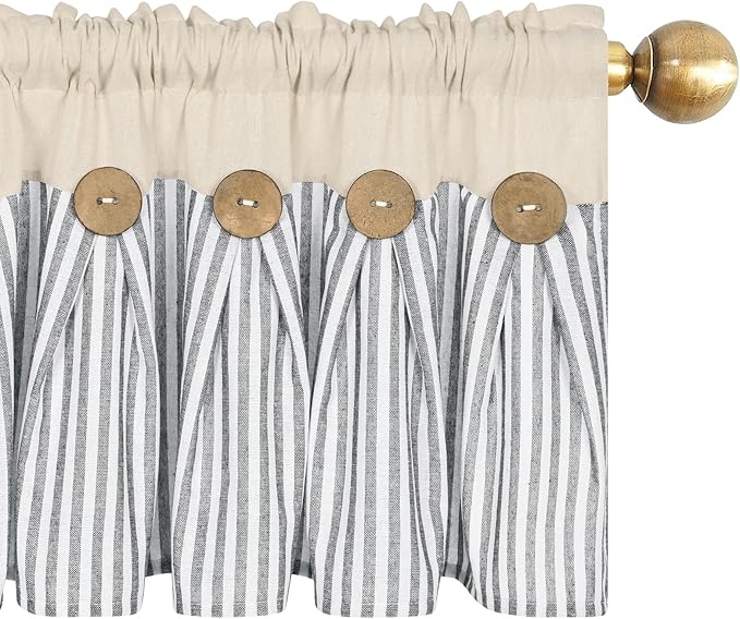 ASPMIZ Farmhouse Cotton Linen Valances for Windows, Boho Kitchen Curtains Valances with Rustic Button, Country Grey Striped Window Treatments Curtain Valance for Bathroom Cafe, 52 x 18 Inch, 1 Pannel