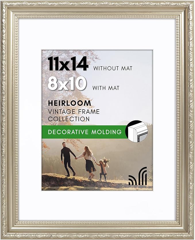 Americanflat 11x14 Picture Frame with Shatter-Resistant Glass - Use as 8x10 Frame with Mat or Display 11x14 Photo Without Mat - Ornate Picture Frames for Wall Display - Silver