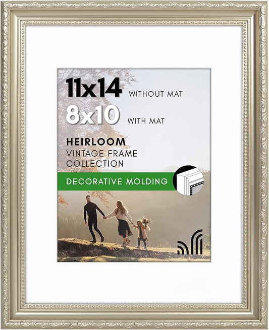 Americanflat 11x14 Picture Frame with Shatter-Resistant Glass - Use as 8x10 Frame with Mat or Display 11x14 Photo Without Mat - Ornate Picture Frames for Wall Display - Silver