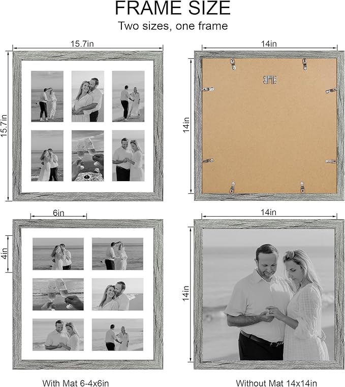 14x14 Picture Frame Set of 2, Grey with Glass Collage Frame, Display Photo Six Opening 4x6 With Mat or 14 x 14 Without Mat - Horizontal or Vertical Wall Mounting