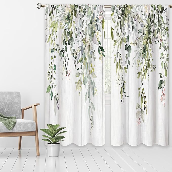 Sage Green Eucalyptus Wooden Botanical Leaves Floral Window Curtains Flower Plant Wildflower Farmhouse Boho Curtain Drapes Herb Curtains for Bedroom Living Room Treatment 52Wx84H Inch