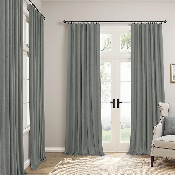 Gray Black Out Curtains 72 Inch Long for Bedroom 2 Panels Set Back Tab Pleated Neutral Boho Linen Textured Dark Grey Room Darkening Saving Energy Efficient Sound Deadening Drapes for Doorway 72 Length