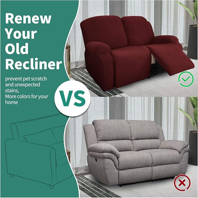 YEMYHOM 6 Pieces Stretch Loveseat Recliner Slipcover Jacquard Recliner Sofa Cover with Side Pocket Fitted Recliner Cover Couch Furniture Protector with Elastic Bottom (Loveseat Recliner, Wine Red)