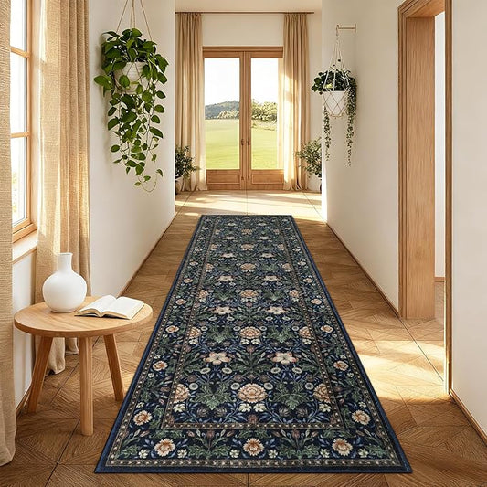 GarveeHome Washable Runner Rug 2x6, Non Slip Floral Kitchen Runner for Hallway Entryway Forest Green Laundry Bathroom Mat Farmhouse Thin Stain Resistant Carpet for Bedroom Beside Rug