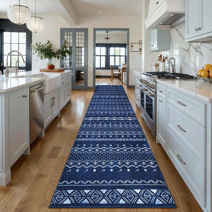 SERISSA Hallway Runner Rug, 2x10 Washable Non-Slip Blue and White Boho Rug, Soft Low-Pile Geometric Indoor Long Carpet for Kitchen Laundry Room Bathroom Bedroom Entryway Stair