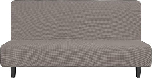 Easy-Going Stretch Futon Slipcover Armless Futon Bed Cover Furniture Protector Without Armrests with Elastic Bottom for Kids, Soft Jacquard Fabric Small Checks (Large, Taupe)