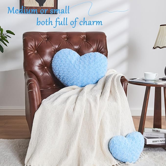 Heart Pillow Blue Throw Pillows, Soft Fluffy Decorative Pillows for Bed Couch Chair, Cute Heart Shaped Room Decor Gifts for Valentine Anniversary Birthday Mothers Christmas (Medium, 20"x15")