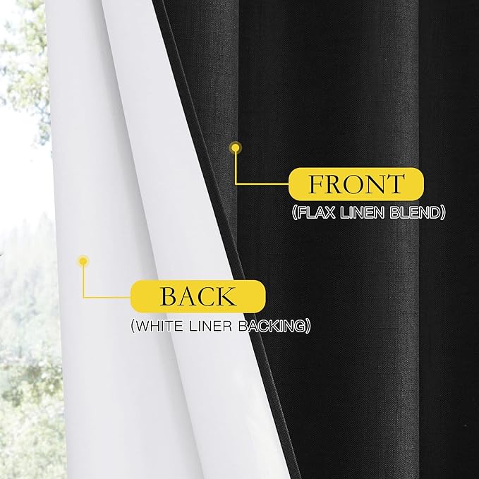 NICETOWN Vintage Open Linen Weave Flax Thermal Curtains, 100% Blackout Curtains 90 inches Long for Dining Room, Soundproof Window Treatment Drapes for Hall Room, Black, 34" Wide Per Panel, Set of 2