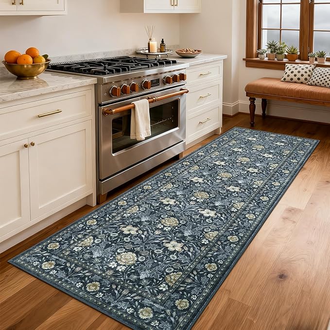 GarveeHome Washable Runner Rug 2x6, Non Slip Floral Kitchen Runner for Hallway Entryway Laundry Bathroom Mat Farmhouse Thin Stain Resistant Carpet for Bedroom Beside Rug