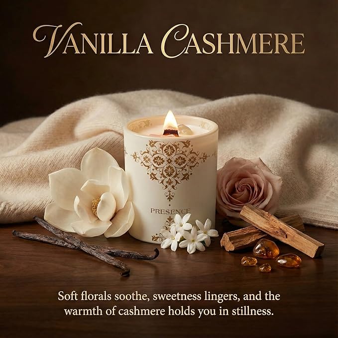 Healing Crystal Candle Gift for Women - Vanilla Cashmere Luxury Soy Candle with Crystals - Rose Quartz & Citrine - Gift-Ready Aromatherapy Candle for Stress Relief, Meditation & Manifestation