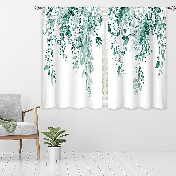 Eucalyptus Botanical Leaves Teal Floral Kitchen Window Curtains Over Sink Farmhouse Flower Leaf Small Window Treatment Cafe Short Curtains for Bathroom Treatment Tier Drapes 27.5x39inch