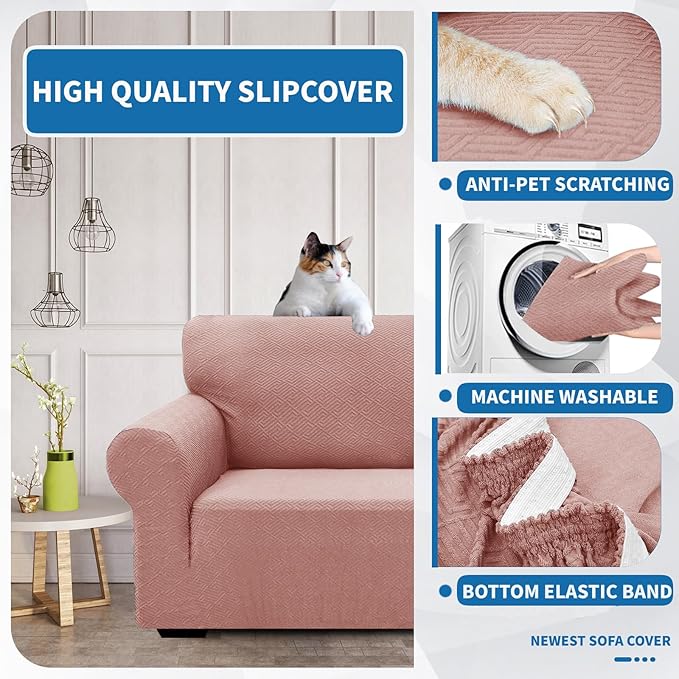 XINEAGE New 1 Piece Couch Covers for 2 Cushion (55"-69") Stretch Loveseat Sofa Cover Slipcover Jacquard Universal Furniture Protector with Elastic Bottom for Kids,Dog (Loveseat, Dusty Pink)