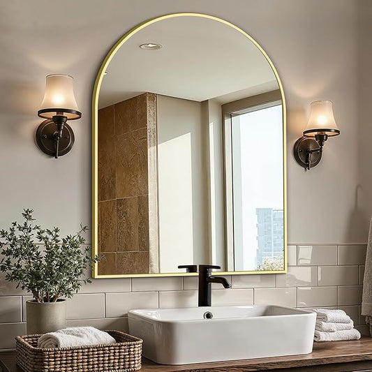 Vanity Bathroom Mirror for Wall, 40"x30" Arched Bathroom Mirror for Over Sink, Arched Metal Frame for Bedroom, Living Room, Entryway, Hanging or Leaning, Gold