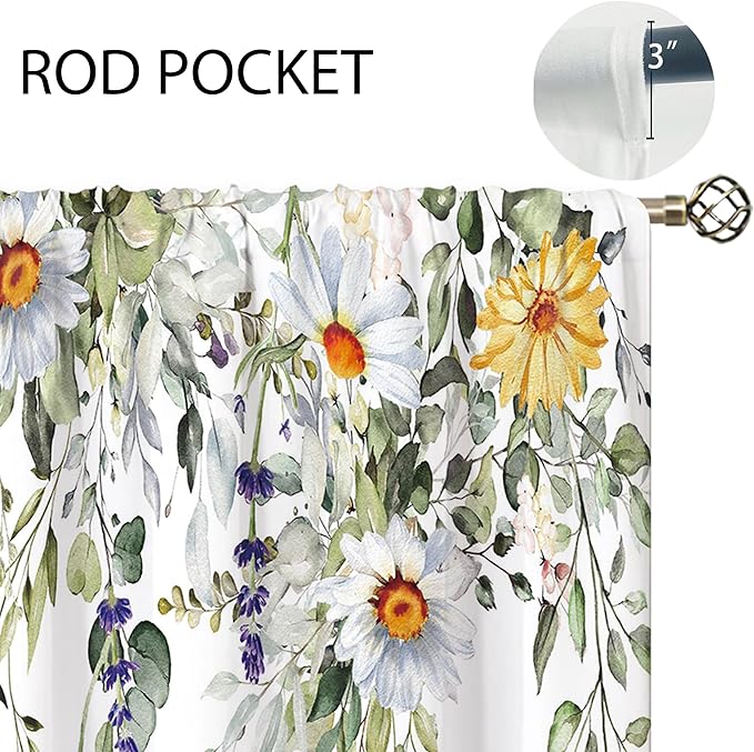 Eucalyptus Botanical Leaves Daisy Sunflower Floral Kitchen Window Curtains Over Sink Farmhouse Flower Leaf Small Treatment Cafe Short Curtains for Bathroom Treatment Tier Drapes 27.5x39 inch