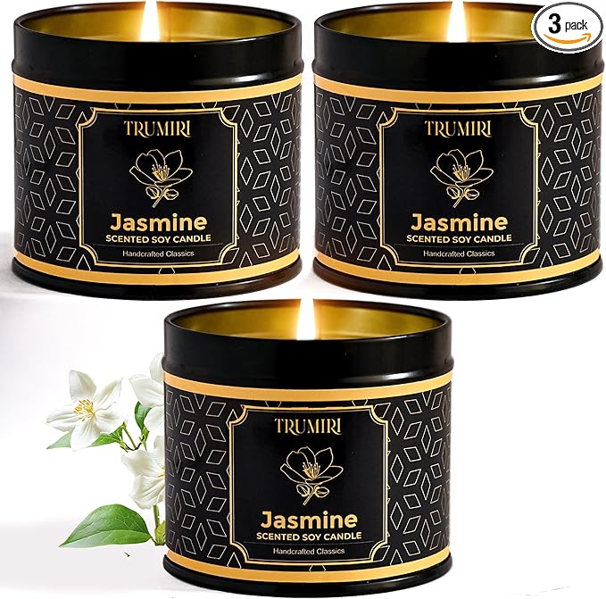 Jasmine Candle Strong Scented Soy Candel Clean Non Toxic Velas Aromáticas for Women Gift for Diwali Pack of 3 5Oz Decorative Tin Jars with Lids