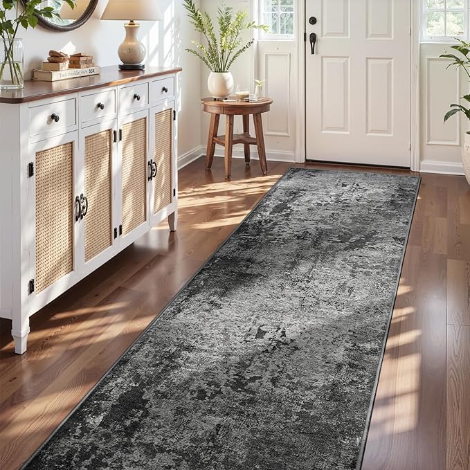 2.6x12 Black Rug Runners for Hallways Kitchen Runner Rug Non Slip Washable Black Long Runner Rugs with Rubber Backing Soft Abstract Carpet Runner for Bedroom, Kitchen, Bathroom, Entryway