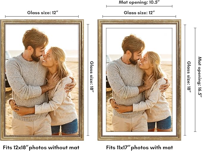 Americanflat Vintage Frames - 12x18 Poster Frame with Beaded Accents and Polished Plexiglass - Use as 11x17 Frame or Display 12x18 Photos Without Mat - Heirloom Collection - Wall Display - Gold