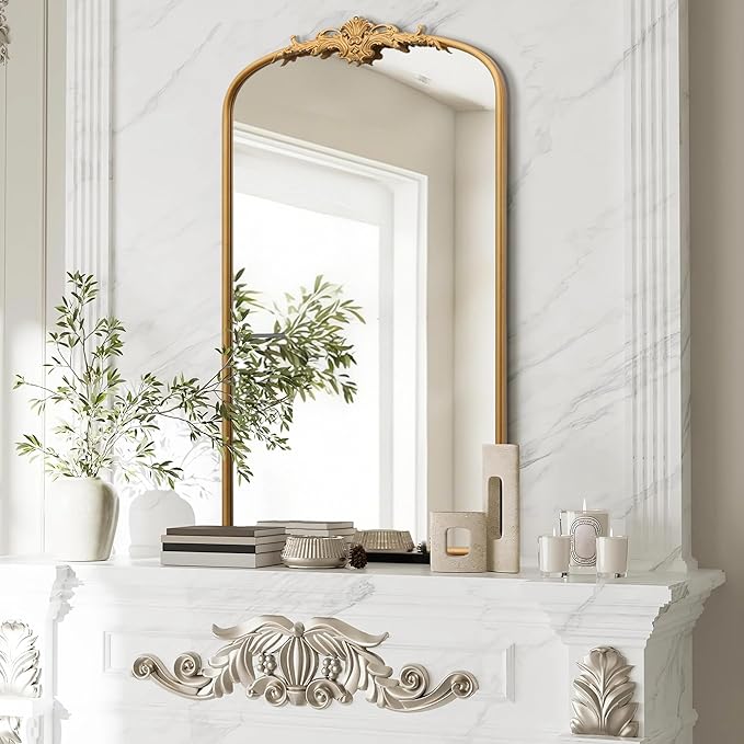 Besdomus Large Vintage Arched Mirror: 24"x42" French Arch Gleaming Gold Antique Wall Mounted Mirror - Traditional Ornate Metal Framed for Entryway/Fireplace/Bathroom - Idea for Trendy Fashionistas