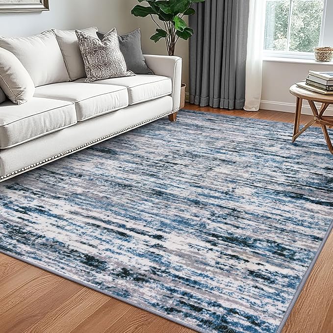 Lansny Modern Abstract 5x7 Machine Washable Area Rug Non-Slip Soft Bedroom Living Romm Rug Grey Blue White Thin Print Faux Wool Floor Carpet Throw Rugs for Nursery Playroom Dining Room Indoor