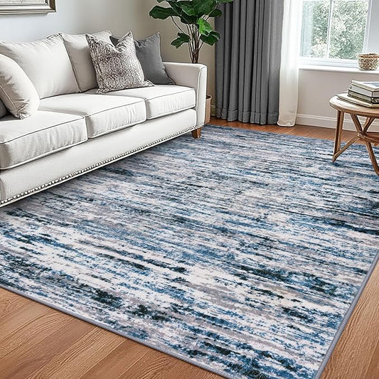 Lansny Modern Abstract 5x7 Machine Washable Area Rug Non-Slip Soft Bedroom Living Romm Rug Grey Blue White Thin Print Faux Wool Floor Carpet Throw Rugs for Nursery Playroom Dining Room Indoor