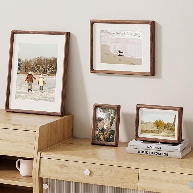 Fun Memories 9x12 Picture Frame, USA-Sourced Walnut Wood Photo Frames with HD Tempered Glass, Handcrafted Rounded Corner 9 x 12 Wooden Frames Matted to 6x8 Photos, 9x12 Frame, Tabletop or Wall Display