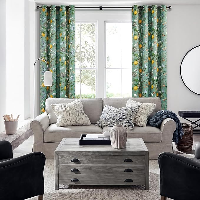 Topfinel Vintage Cottagecore Chinoiserie Curtains & Drapes Botanical Floral Flower Lemon Hummingbird Patterned Sage Green Pioneer Woman Blackout Curtains 96 Inches Long 2 Panels Living Dining Room