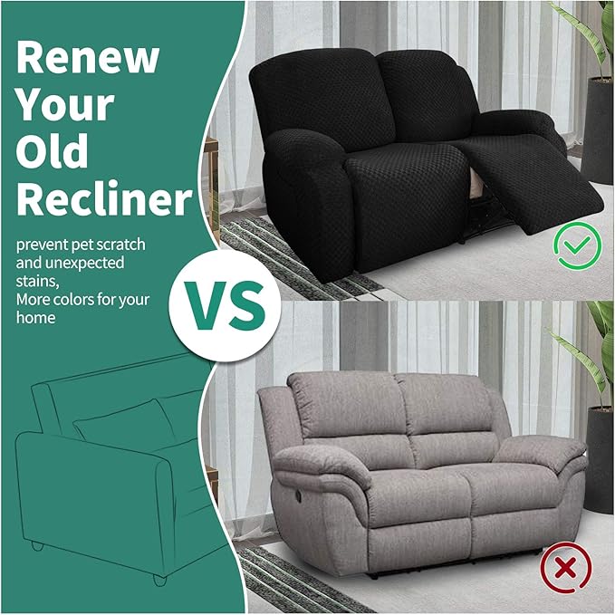 YEMYHOM 6 Pieces Stretch Loveseat Recliner Slipcover Jacquard Recliner Sofa Cover with Side Pocket Fitted Recliner Cover Couch Furniture Protector with Elastic Bottom (Loveseat Recliner, Black)