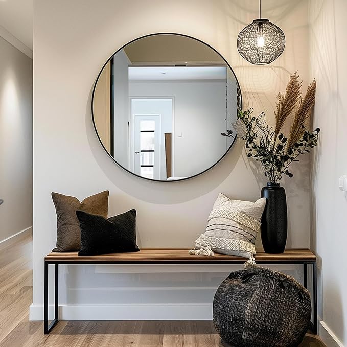 Sunniry Black Round Mirror, Round Mirror 24 inch, Black Circle Mirrors Metal Frame, Wall Mounted Mirrors for Living Room, Bathroom, Wall, Entryway.