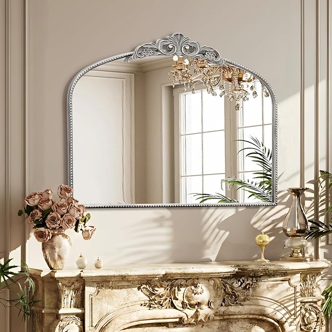 Micasso Antique Wall Silver Mirror: 40" x 29" French Baroque Vintage Mirror - Traditional Ornate Decorative Arched Mirrors for Wall/Bathroom/Entryway/Fireplace/Hallway - Home Decor for Living Room