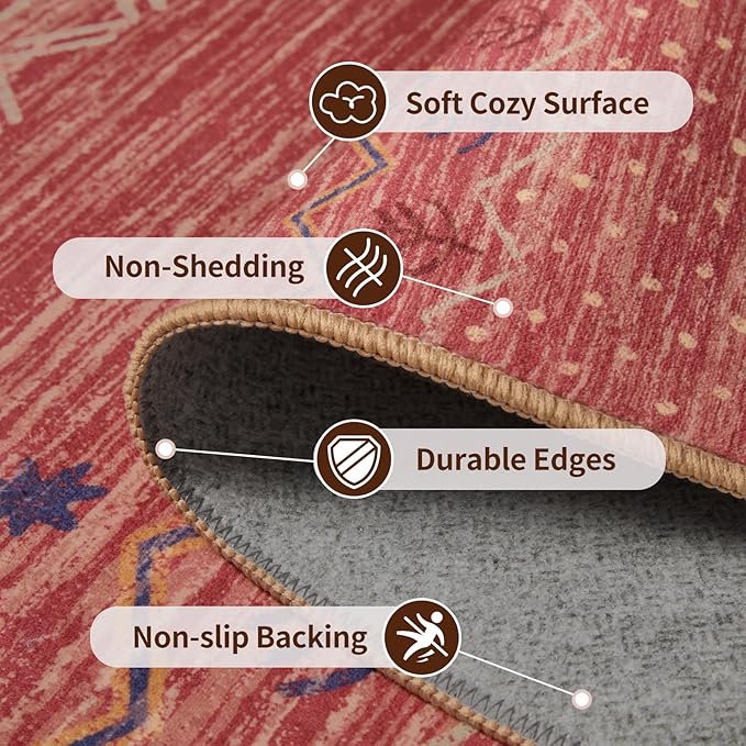 SERISSA 8x10 Area Rugs for Living Room, Washable Non-Slip Red Ochre Boho Rug, Soft Low-Pile Geometric Indoor Large Carpet for Dining Room Bedroom Home Office Playroom
