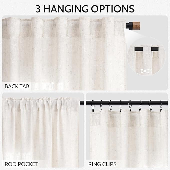 Ivory White Linen Curtains for Living Room 98 Inches Long Light Filtering Semi Sheer Curtain Back Tab Rustic Luxury Neutral Modern Farmhouse Decor Drapes for Bedroom Dinner Room 52x98, 2 Panels