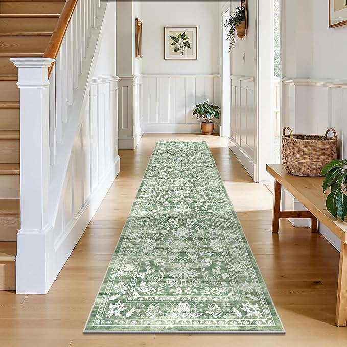 LOKHOM Washable Runner Rug, 2x8 Green Non-Slip Vintage Hallway Runner Rug with Rubber Backing, Boho Floral Soft Faux Wool Kitchen Rug Carpet Runner for Laundry Entryway Bedroom (Tender Green)