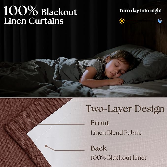 Chestnut Brown Pleated Linen Blackout Curtains 84 Inches Long for Bedroom Living Room Pinch Pleat Black Out Thermal Insulated Ring Hooks Back Tab Room Darkening Drapes Maroon Curtains with Liner