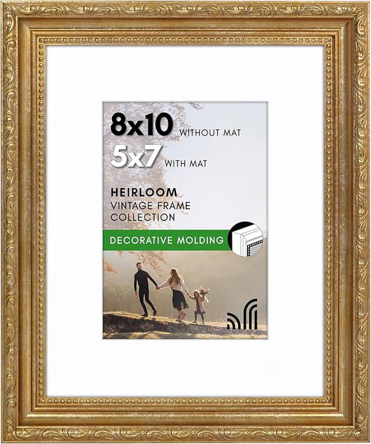 Americanflat 8x10 Picture Frame with Shatter-Resistant Glass - Use as 5x7 Frame with Mat or Display 8x10 Photo Without Mat - Ornate Picture Frames for Wall and Tabletop Display - Gold