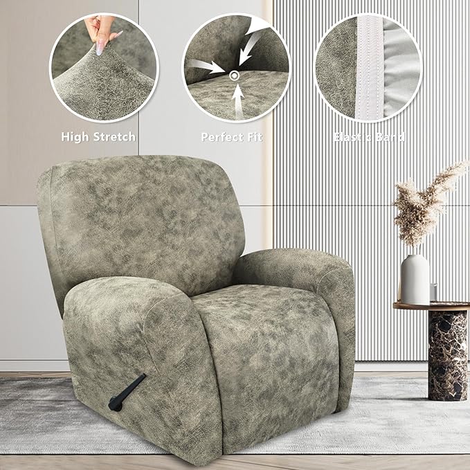 ANARACHON Recliner Chair Covers Leather Look, 4 Pieces Recliner Covers Non Slip, Soft Slipcovers for Large Recliners, Furniture Protector Washable for Pets (1 Seater, 03 Beige)