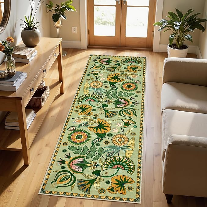 Joydeco Egypt Floral Boho 2x8 Hallway Bathroom Runner Rug, Washable Sage Green Soft Kitchen Rugs Runner Non Slip, Vintage Low Pile 8ft Long Carpet for Entrance Laundry Bath Room