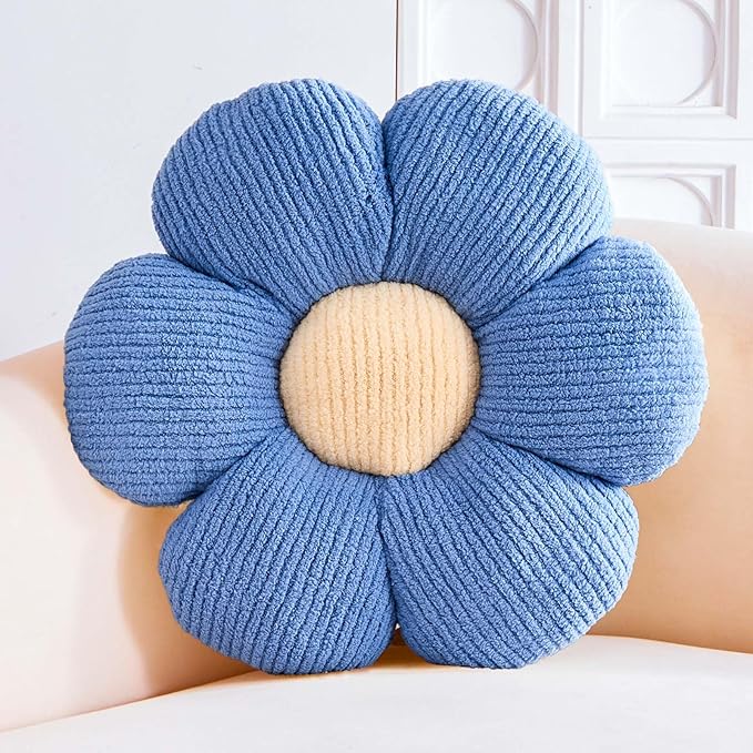 Blue Flower Decorative Throw Pillows, Cute Daisy Shaped Plush Aesthetic Pillow, Soft 19.6" Floor Seat Cushion