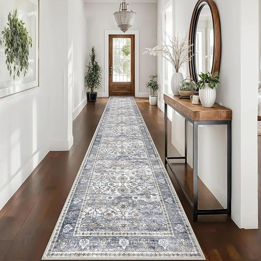 KUTA Vintage Washable Long Hallway Runner Rug, 2.6x16 Grey Blue Non-Slip Kitchen Rugs Ultra Thin Soft Printed Distressed Oriental Floral Floor Carpet for Laundry Bedroom Living Room Nursery