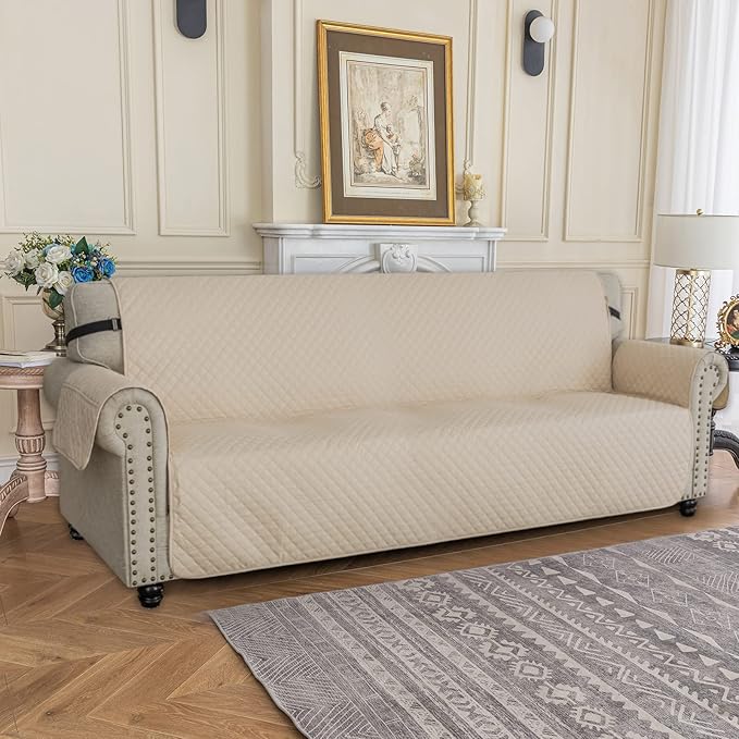 XINEAGE Oversized Sofa Cover Waterproof Couch Covers for 3 Cushion Couch, Soft Washable Slipcover with Pockets & Non-Slip Elastic Straps, Thick Furniture Protector (XL-Sofa, Beige)