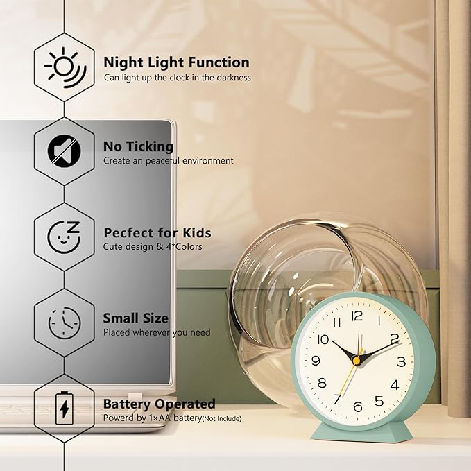 AYRELY?? 4.5" Analog Alarm Clock,Small Retro Desk Clock Battery Operated,Slient Metal Table Clock with Light for Living Room Decor,Bedroom,Bedside,Shelf (Green)