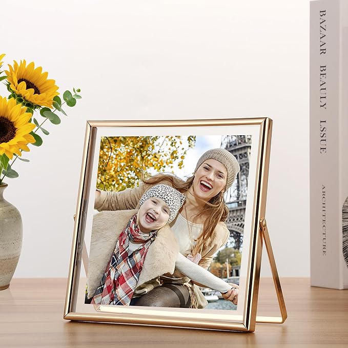 Gold 6x6'' Floating Frame Set of 2,For Photo Sizes(5x5'',4x4'' or 3x3''),Beautiful Metal Beaded Frames Adjustable Tabletop/Shelf Photo Frame,Classy Present Choice for Wedding,Birthday or Christmas Gift