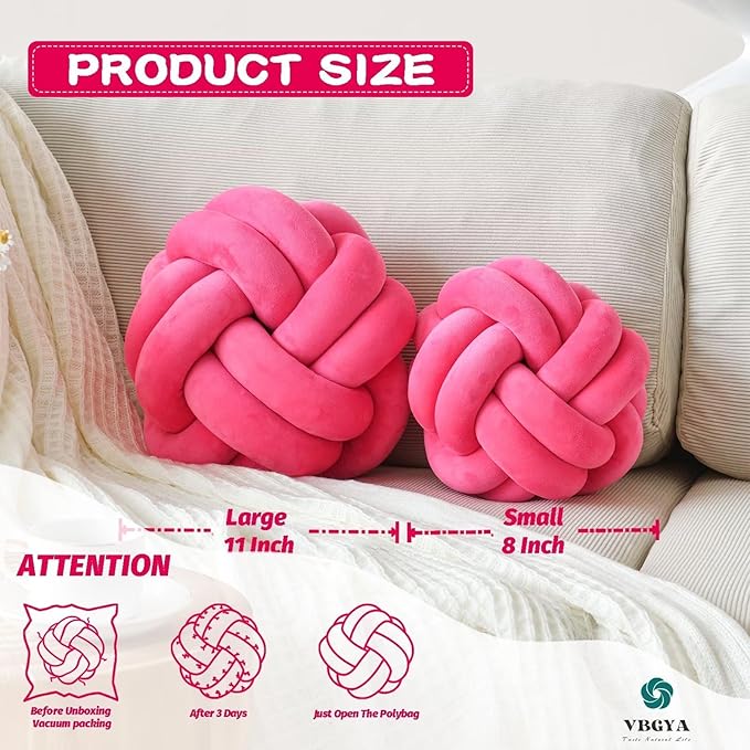 Knot Pillow Ball, Soft Home Decorative Throw Pillows Cushion, Round Changeability Knotted Pillows, Modern Home Handmade Cushions for Bedroom, Sofa, Couch (8 Inch, Hot Pink)